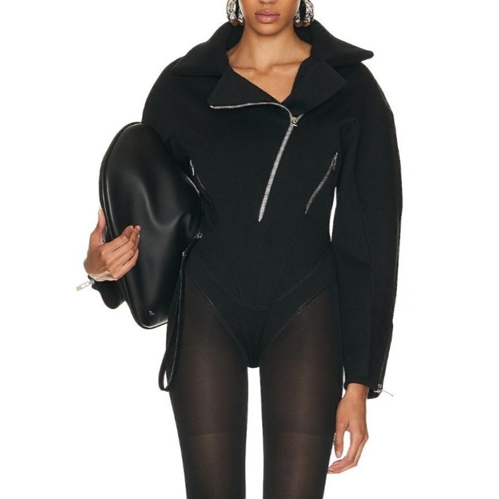 NWT ALAIA Wool Blend Knit Asymmetric Zip Biker Bodysuit Noir Black 36 (US 4)